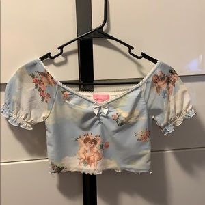 Trendy Blue crop top puff sleeve